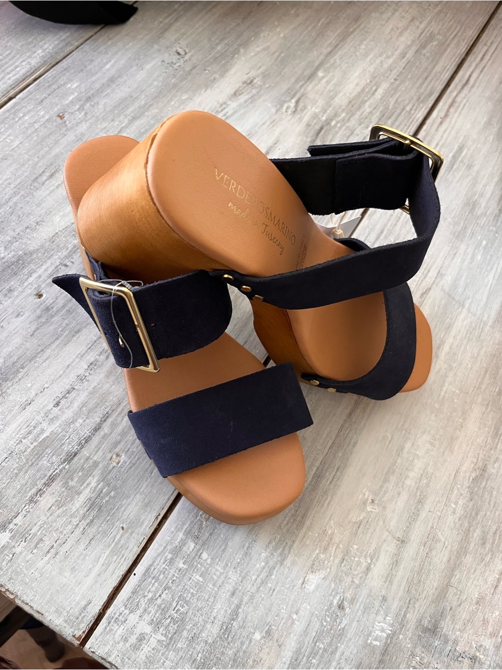 Source Unknown Navy Suede Sandals with Gold Buckles